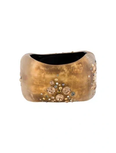 Pre-owned Alexis Bittar Faux Pearl, Lucite, & Crystal Hinged Bangle Bracelet, 6"