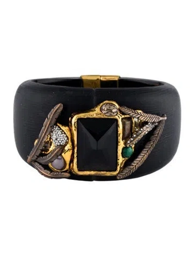 Pre-owned Alexis Bittar Faux Pearl, Lucite & Crystal Hinged Bangle Bracelet, 7" In Multi