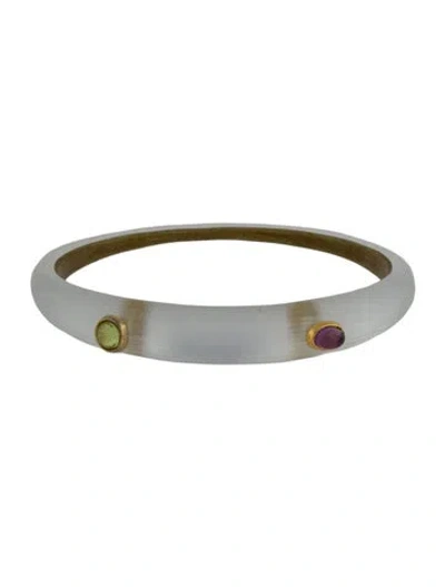 Pre-owned Alexis Bittar Lucite & Crystal Bangle Bracelet, 8" In Clear/gold/green