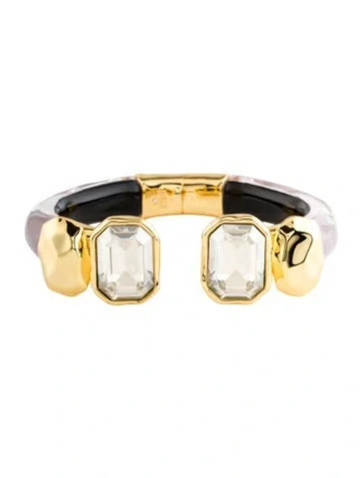 Pre-owned Alexis Bittar Lucite & Crystal Capped Hinge Cuff Bracelet, 6.75" In Black/clear/purple