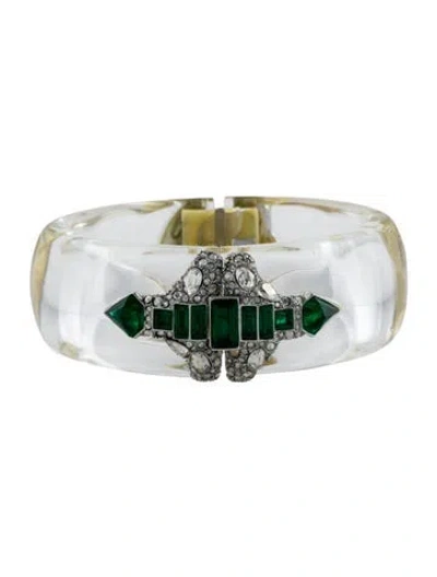 Pre-owned Alexis Bittar Lucite & Crystal Deco Hinge Bangle Bracelet, 7.5" In Green