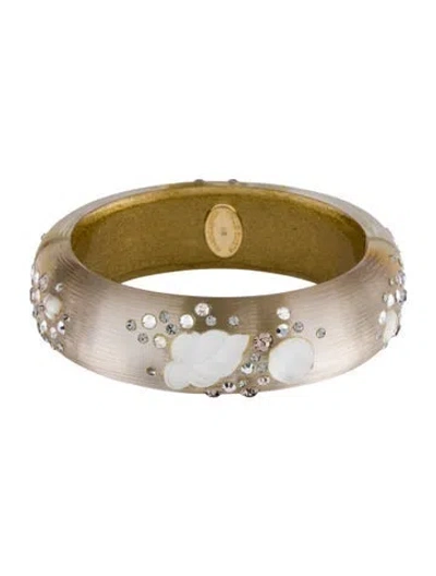Pre-owned Alexis Bittar Lucite & Crystal Dusted Carved Hinged Bangle, 6.75" In Neutral