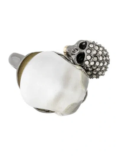 Pre-owned Alexis Bittar Lucite & Crystal Encrusted Double Skull Ring In Black/clear