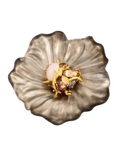 Pre-owned Alexis Bittar Lucite & Crystal Flower Brooch Pin In Grey/pink