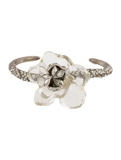 Pre-owned Alexis Bittar Lucite & Crystal Flower Cuff Bracelet, 6.5" In Transparent