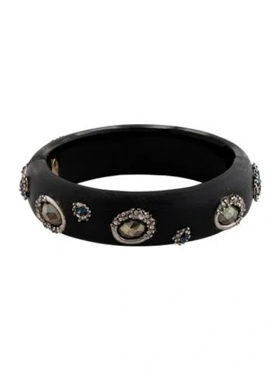 Pre-owned Alexis Bittar Lucite & Crystal Hinged Bangle Bracelet, 6.5" In Black/blue/clear