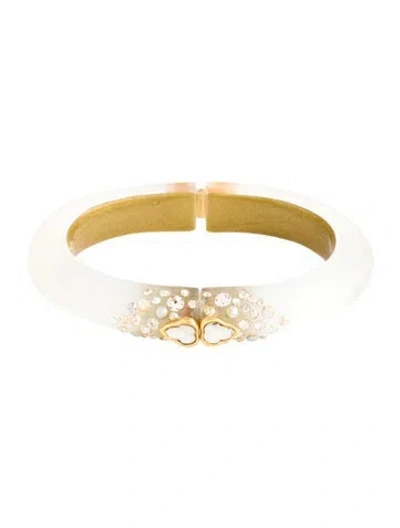Pre-owned Alexis Bittar Lucite & Crystal Hinged Bangle Bracelet, 6.75" In Clear/pink/silver