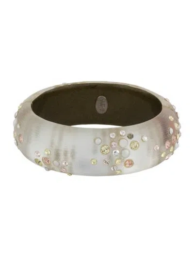 Pre-owned Alexis Bittar Lucite & Crystal Hinged Bangle Bracelet, 6.75" In Clear/pink/white