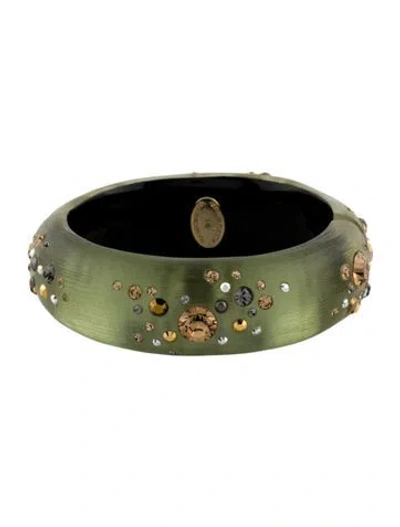 Pre-owned Alexis Bittar Lucite & Crystal Hinged Bangle Bracelet, 7" In Green