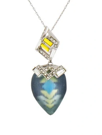 Pre-owned Alexis Bittar Lucite & Crystal Neon Deco Pendant Necklace, 19" In Multi