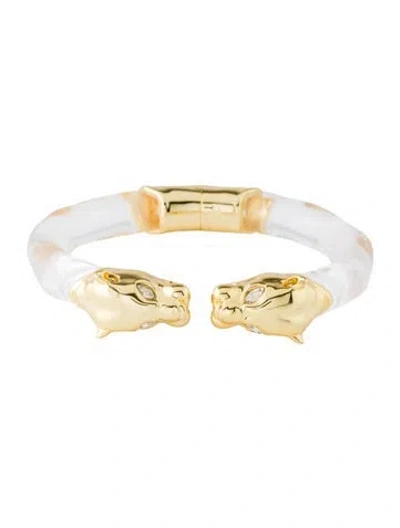Pre-owned Alexis Bittar Lucite & Crystal Panther Visage Hinge Cuff Bracelet, 6.75" In Clear
