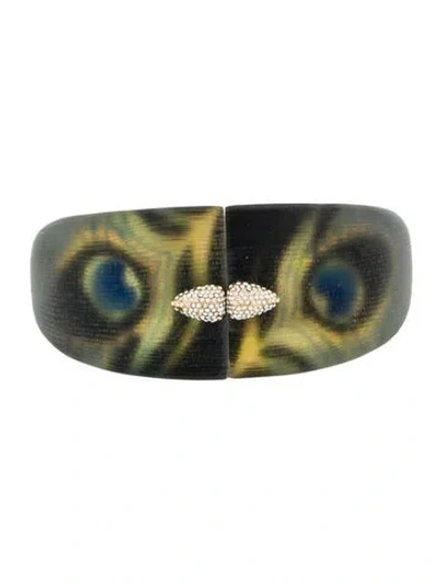 Pre-owned Alexis Bittar Lucite & Crystal Peacock Hinge Bangle Bracelet, 7" In Multi