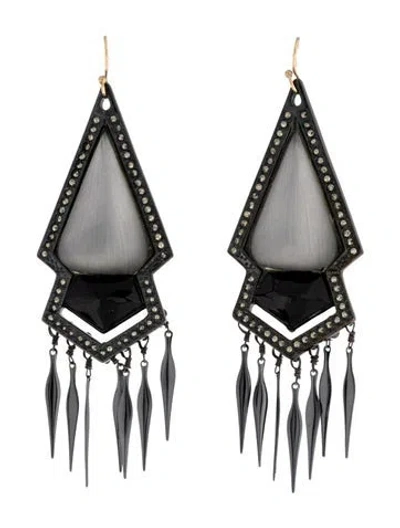 Pre-owned Alexis Bittar Lucite & Crystal Spear Deco Fringe Earrings In Black/clear