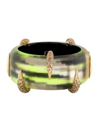 Pre-owned Alexis Bittar Lucite & Crystal Studded Hinged Bangle Bracelet, 6.5" In Green
