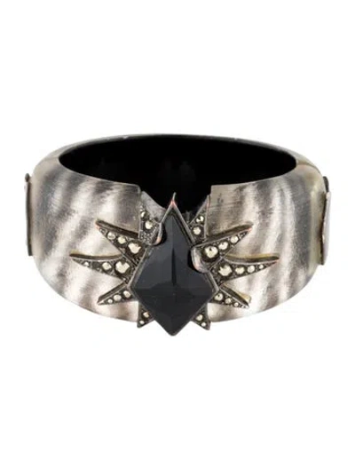 Pre-owned Alexis Bittar Lucite And Crystal Zebra Print Hinged Bangle Bracelet, 7" In Multi