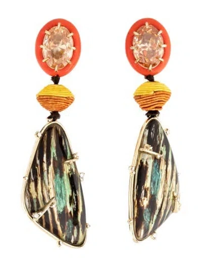 Pre-owned Alexis Bittar Lucite, Crystal & Enamel Clip-on Drop Earrings In Brown/clear/green