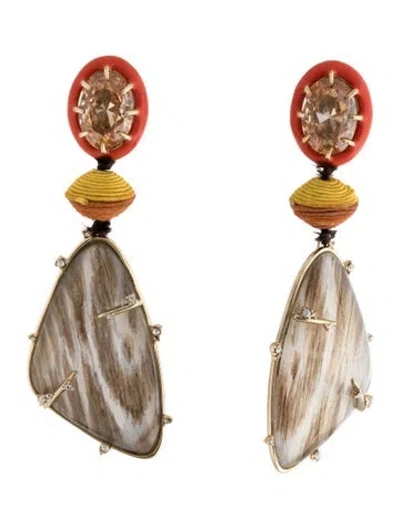 Pre-owned Alexis Bittar Lucite, Crystal & Enamel Wood Grain Drop Earrings In Clear/orange/white