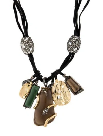 Pre-owned Alexis Bittar Lucite, Crystal & Leather Pendant Necklace, 33" In Black