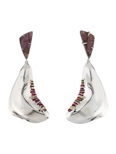 Pre-owned Alexis Bittar Lucite, Crystal & Thread Clip-on Drop Earrings In Multi