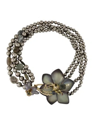 Pre-owned Alexis Bittar Lucite, Crystal, Stone & Faux Pearl Flower Torsade Multistrand Necklace, 20"