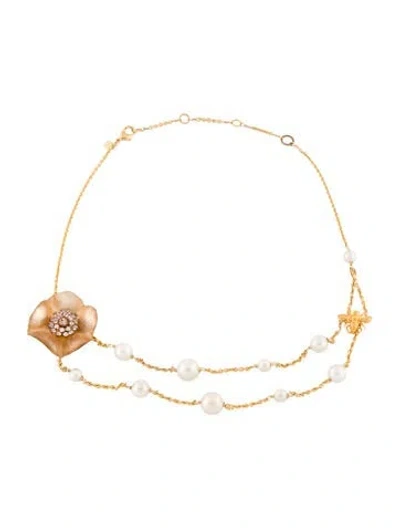 Pre-owned Alexis Bittar Lucite, Faux Pearl & Crystal Flower With Bee Double Strand Necklace, 19.25" In Multi