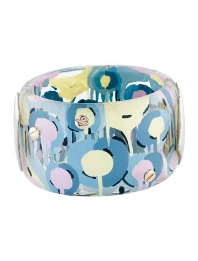 Pre-owned Alexis Bittar Lucite Hand Painted Hinged Bangle Bracelet, 7" In Multi