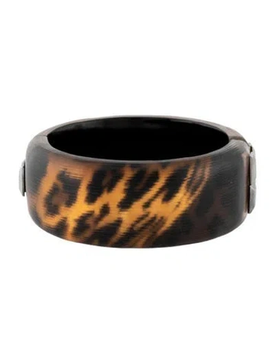 Pre-owned Alexis Bittar Lucite Leopard Print Hinged Bangle Bracelet, 7" In Brown