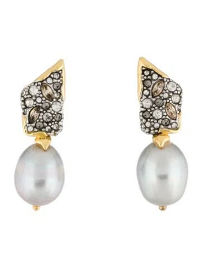 Pre-owned Alexis Bittar Pearl & Crystal Solanales Angled Drop Earrings In Gray