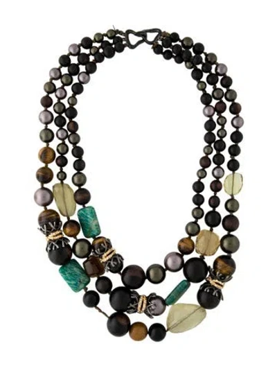 Pre-owned Alexis Bittar Pearl, Wood, Crystal, & Multicolor Stone Multistrand Necklace, 20"