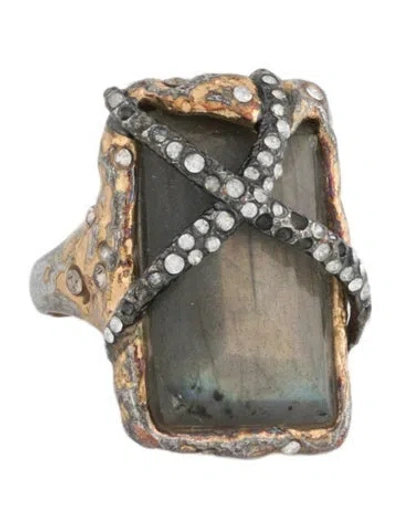 Pre-owned Alexis Bittar Stone & Crystal Phoenix Rocky Rectangle Cocktail Ring In Green/metallic