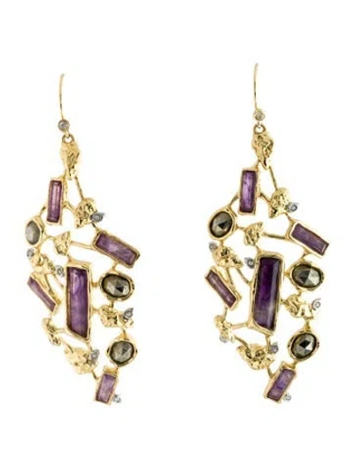 Pre-owned Alexis Bittar Two-tone Crystal Brut Cluster Large Drop Earrings In Purple