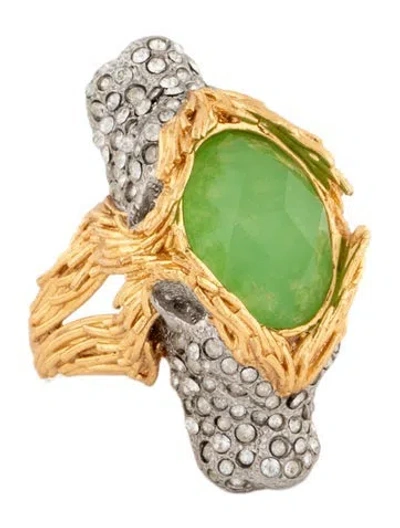 Pre-owned Alexis Bittar Two-tone Crystal Double Lion Head Cocktail Ring In Clear/green