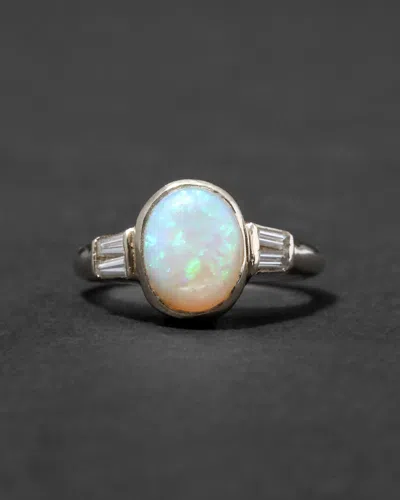 Alexis Bittar Vintage 190s 14k Gold Modernist High Prong Set Opal With Diamond Baguette Ring In Metallic