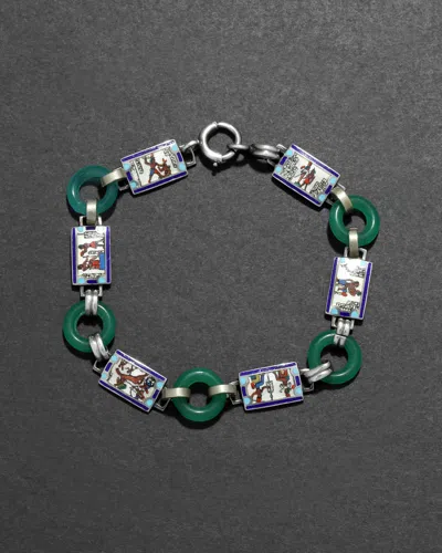 Alexis Bittar Vintage 1930s Sterling Silver & Green Onyx Egyptian Revival Bracelet In Multi
