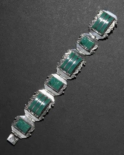 Alexis Bittar Vintage 1930s Sterling Silver & Green Onyx Link Bracelet In Orange