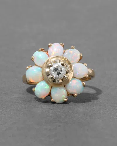 Alexis Bittar Vintage 1950s 14k With Opal Cabachon & Diamond Flower Ring In Green
