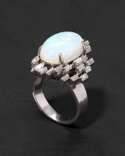Alexis Bittar Vintage 1950s 18k Gold With Natural Opal & Baguette & Marquis Diamond Halo Modernist Design Ring In White