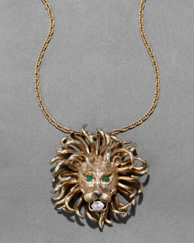 Alexis Bittar Vintage 1960s 14k Gold Washed Sterling Silver Lion Pendant Necklace With Jade Eyes