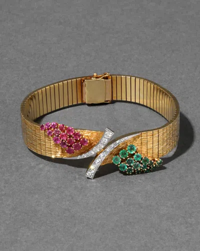 Alexis Bittar Vintage 1960s 18k Etched Floral Soft Band Bracelet With Platinum, Diamond, Ruby, And Emerald In Gold