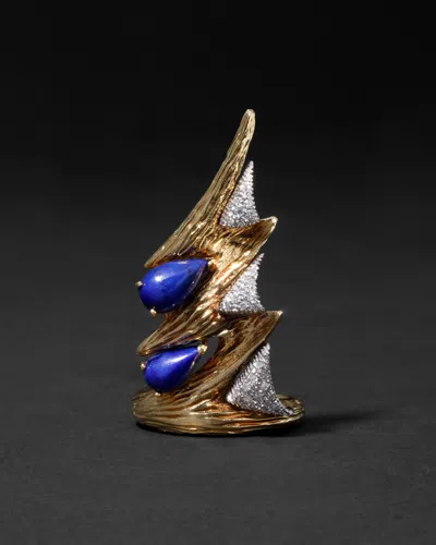 Alexis Bittar Vintage 1960s Platinum & 18k With Lapis & Diamond Brutalist Ring In Gold