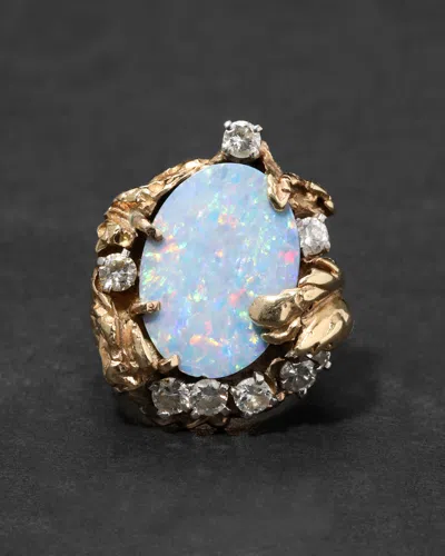 Alexis Bittar Vintage 1970s 14k & White Gold Handmade Brutalist Opal & Diamond Ring In Burgundy
