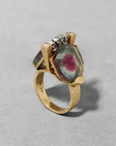 Alexis Bittar Vintage 1970s 18k With Watermelon Tourmaline & Diamond Brutalist Ring In Green