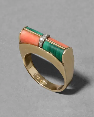 Alexis Bittar Vintage 1980s 14k Gold Italian Modernist Coral And Malachite Checkerboard Ring