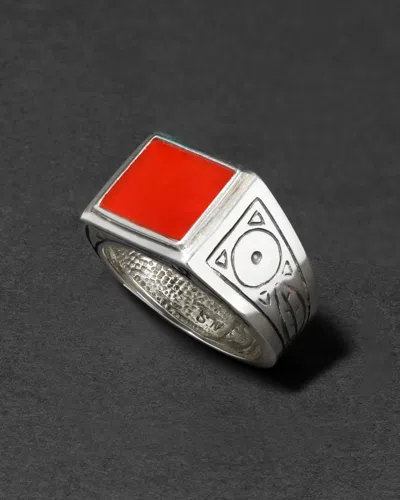 Alexis Bittar Vintage 1980s Sterling & Table Cut Carnelian Hand Etched Men's Ring In Silver