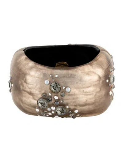 Pre-owned Alexis Bittar Vintage Faux Pearl, Lucite & Crystal Hinged Bangle Bracelet, 6" In Black/clear