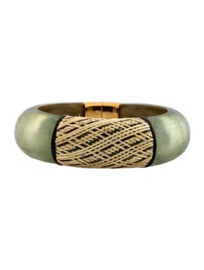 Pre-owned Alexis Bittar Woven Raffia & Lucite Hinge Bangle Bracelet, 6.75" In Black/gold/green