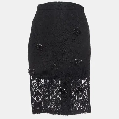 Alexis Black Brooch Embellished Lace Pencil Skirt