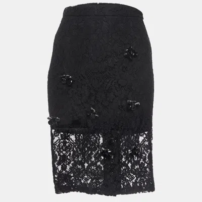 Pre-owned Alexis Black Brooch Embellished Lace Pencil Skirt M