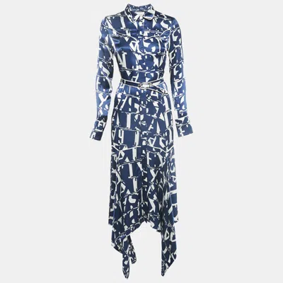 Pre-owned Alexis Blue/white Monogram Satin Asymmetric Marvella Dress Xs
