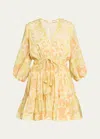 Alexis Capri Cinched Balloon-sleeve Flared Mini Dress In Melon Vine